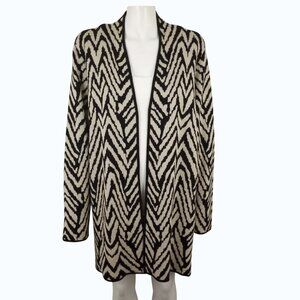 Kasper 2X Zebra Chevron Stripe Wool Blend Midi Cardigan Black Beige Open Front